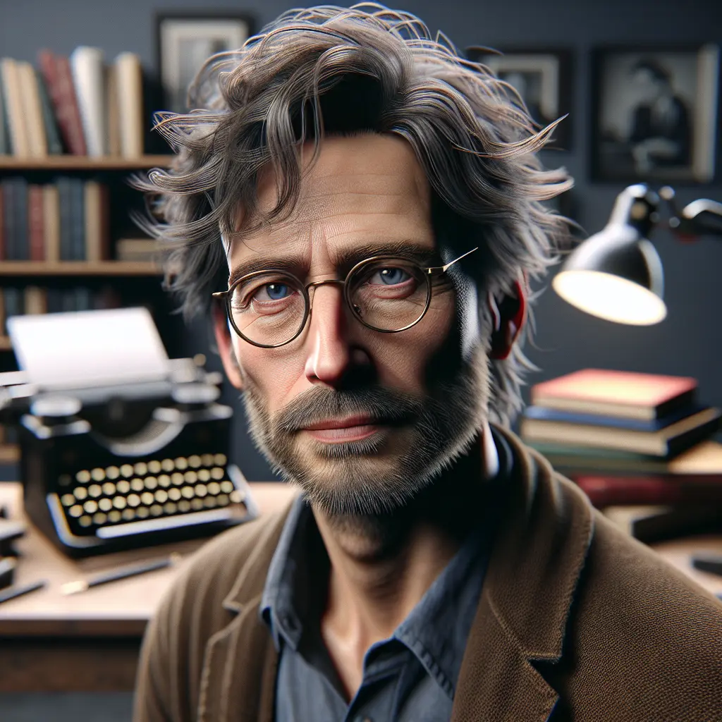 Man with glasses and beard in a study with books and typewriter