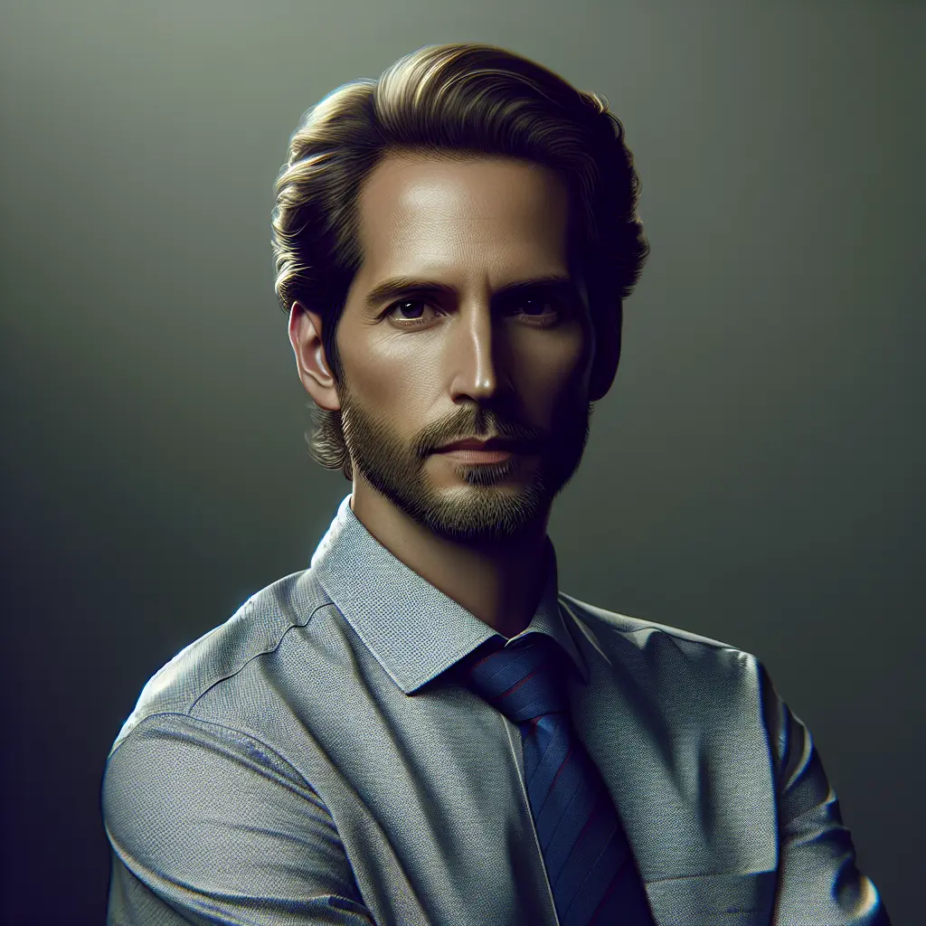 Headshot of a serious-looking man with a neatly trimmed beard and brown hair, wearing a light grey shirt and striped blue tie against a dark background.