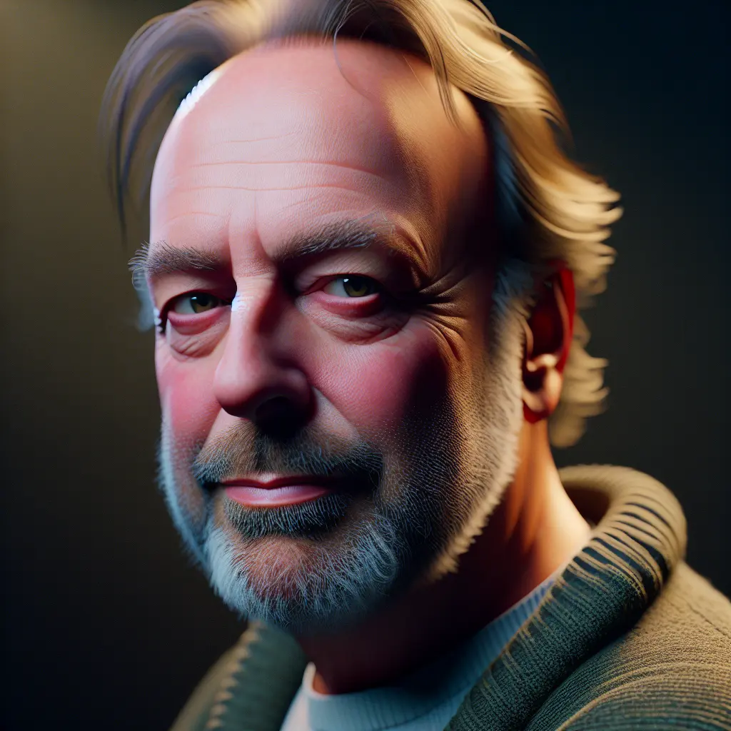 Detailed portrait of an intellectual resembling Christopher Hitchens, with a grey beard and an intense, thoughtful gaze against a dark background.
