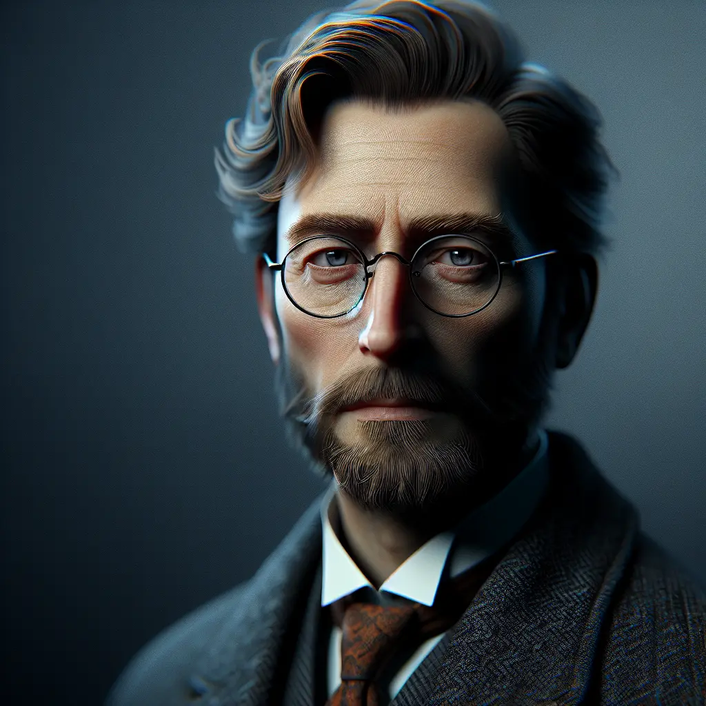 Stylized portrait of an intellectual man with glasses, a beard, and a serious expression, dressed in a suit and tie.