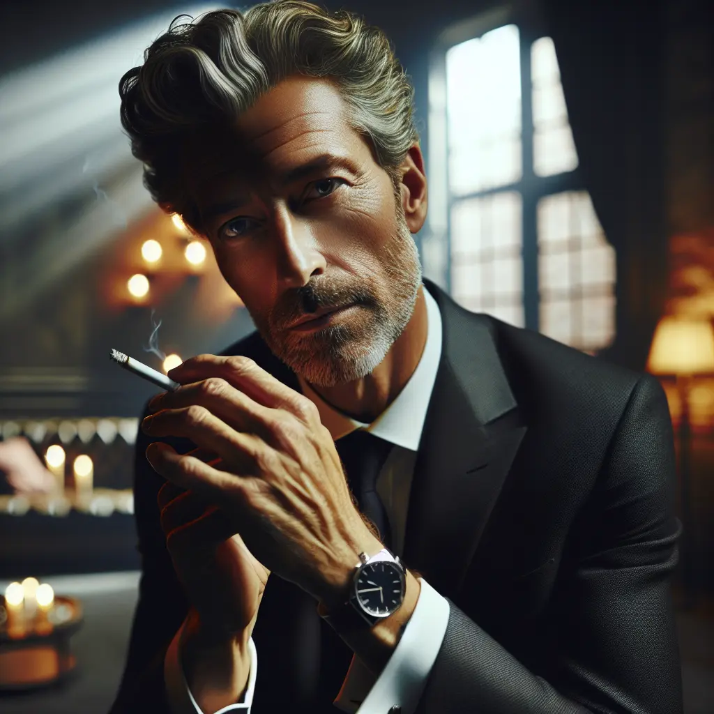 Portrait of a distinguished man with gray hair and beard, wearing a suit, holding a lit cigarette, and a watch.