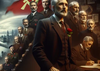 Christopher Hitchens' political odyssey: a visual journey from early Trotskyist dreams to grappling with war's grim realities, set against London's skyline and a socialist flag.