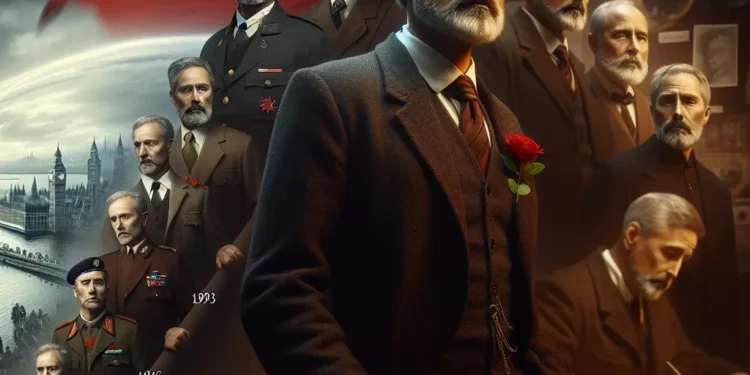 Christopher Hitchens' political odyssey: a visual journey from early Trotskyist dreams to grappling with war's grim realities, set against London's skyline and a socialist flag.