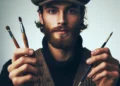 Portrait of a bearded man in a flat cap holding multiple artist paintbrushes, looking directly at the viewer