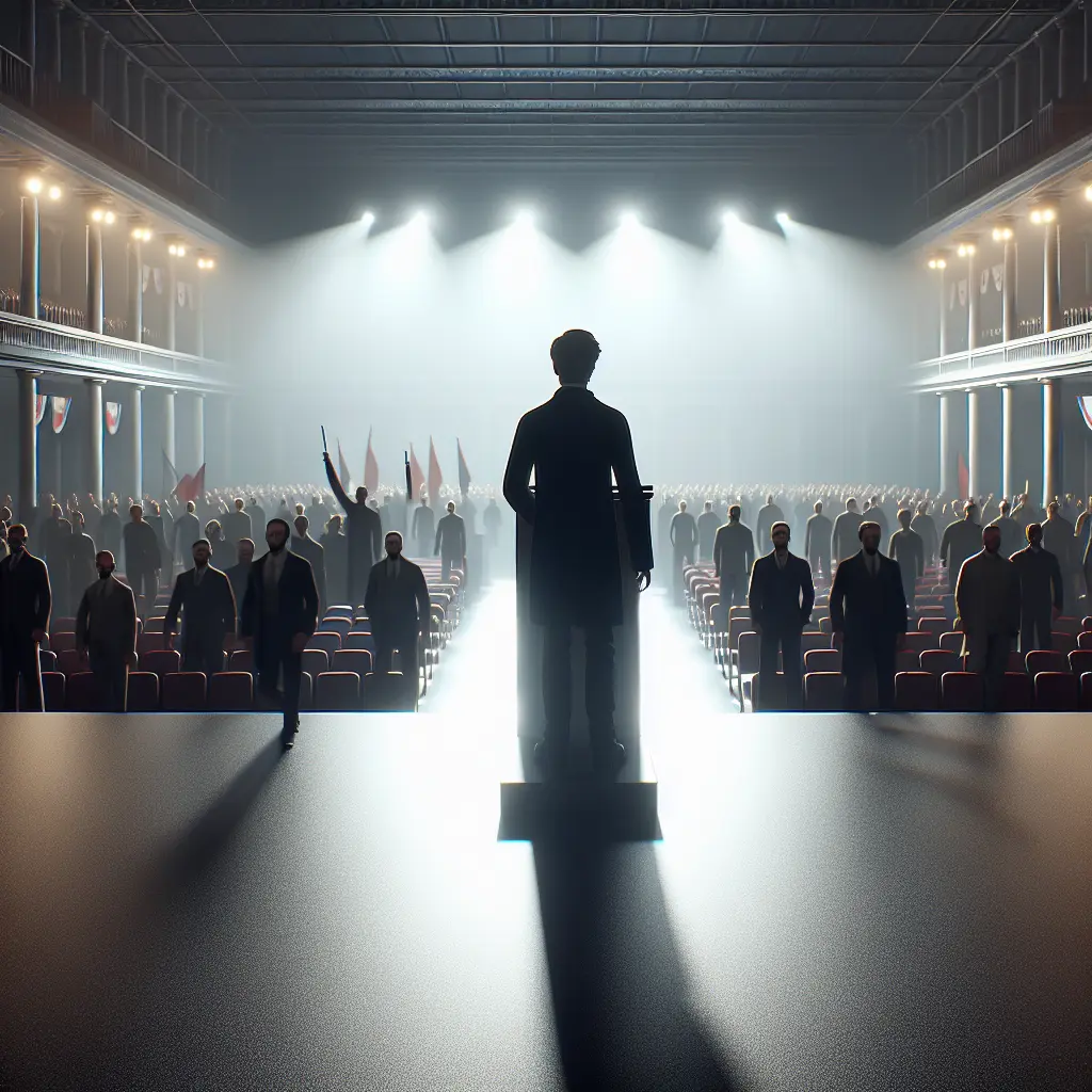 Speaker silhouetted at a podium in a grand political arena, addressing a large assembly