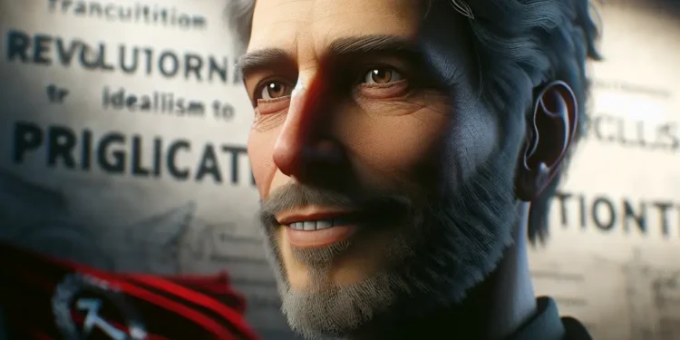 Christopher Hitchens-like figure portrait with 'Revolutionary Idealism to Pragmatic Interventionism' text and red flag