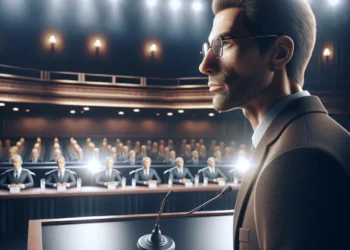 Christopher Hitchens-like figure at a podium addressing an audience in a debate setting, wearing a suit and glasses, illuminated by spotlights.