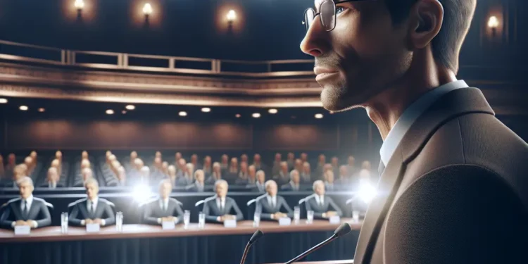 Christopher Hitchens-like figure at a podium addressing an audience in a debate setting, wearing a suit and glasses, illuminated by spotlights.