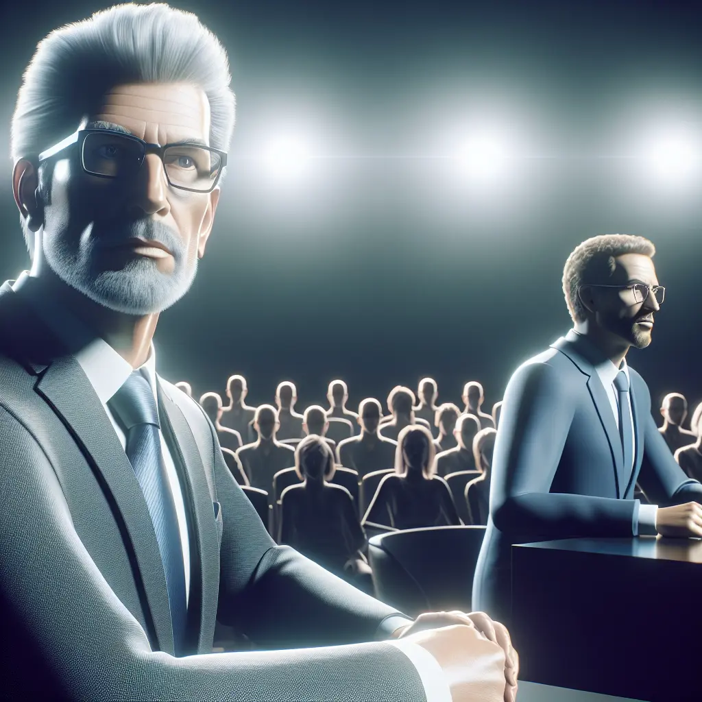 Two intellectual debaters, one prominent in the foreground, addressing an audience under spotlights in a formal debate setting.