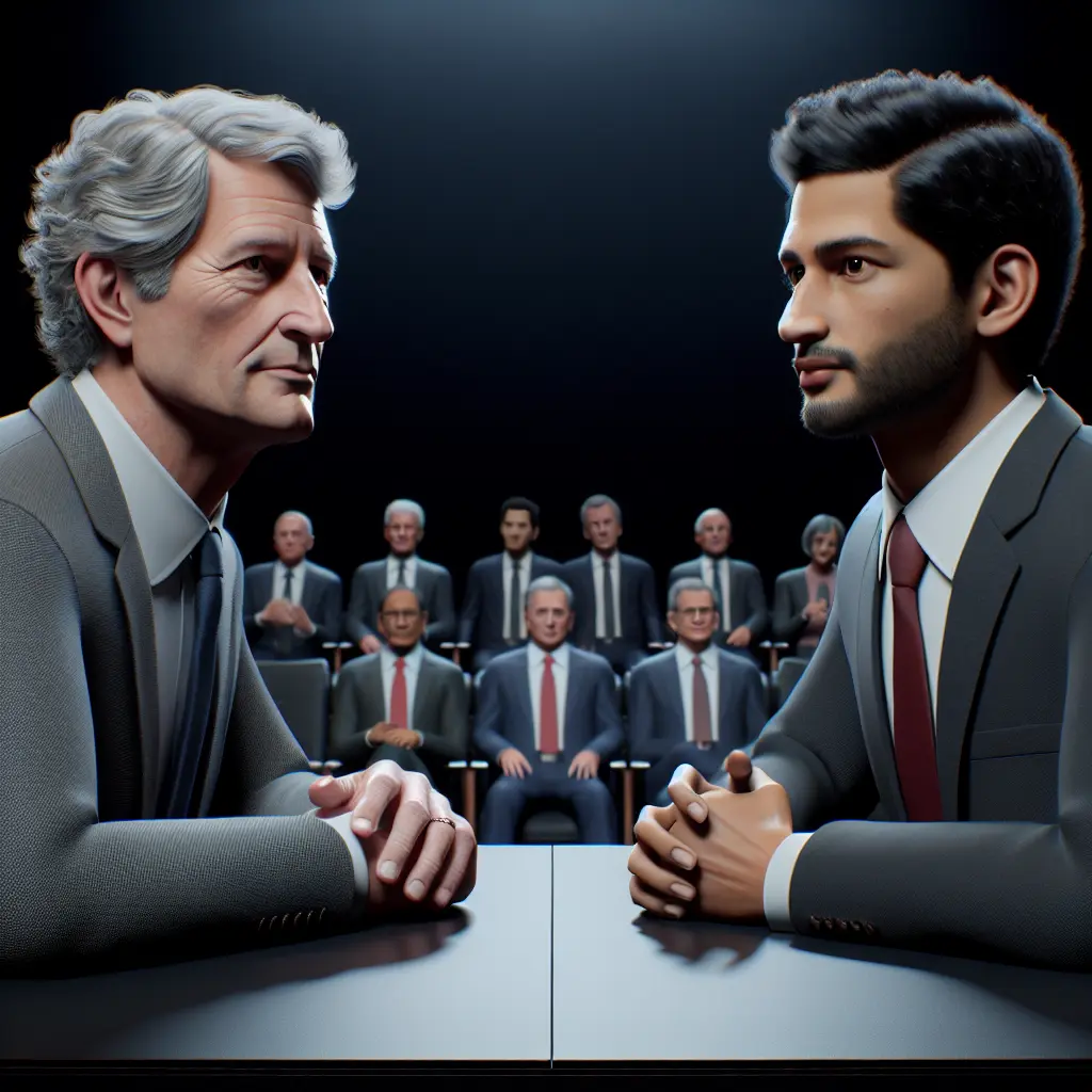 Two distinguished men in suits sit opposite each other at a table, poised for a formal debate or discussion, with a seated audience in the background.