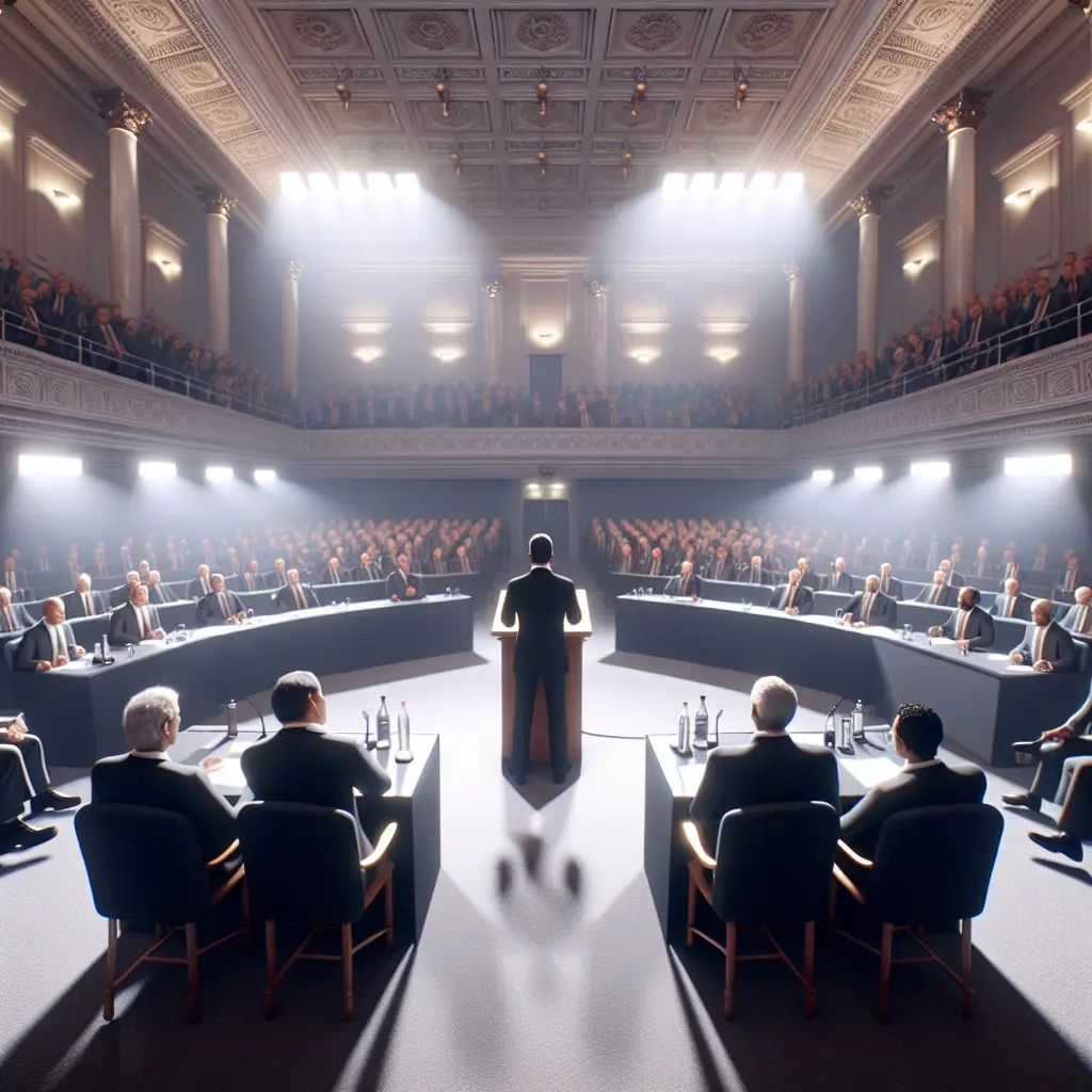 Grand debate hall with speaker at podium addressing a large, illuminated audience