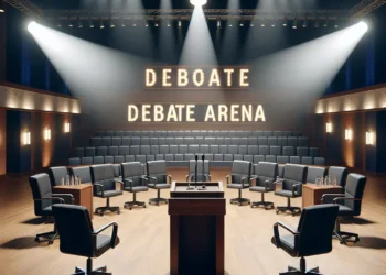 A debate arena stage with a central podium, microphones, and participant chairs, lit by bright spotlights, ready for an intellectual discussion.