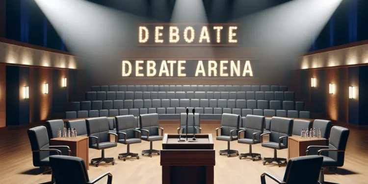 A debate arena stage with a central podium, microphones, and participant chairs, lit by bright spotlights, ready for an intellectual discussion.