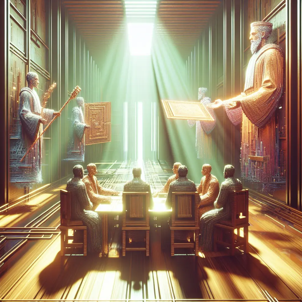 A grand council in a golden, luminous hall, with towering figures presenting texts to a seated group, bathed in light