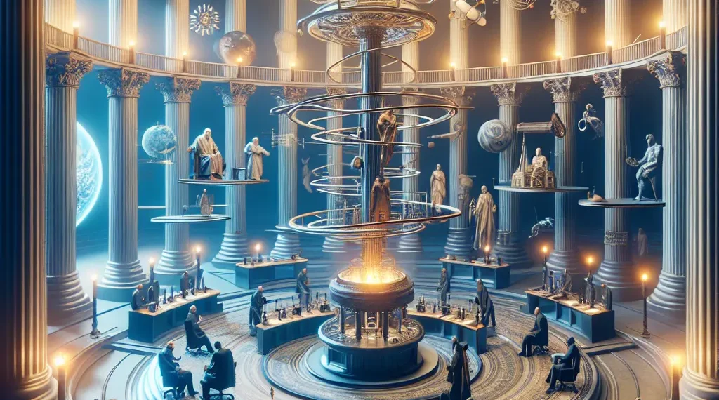Grand hall of knowledge with classical columns, celestial models, and figures debating philosophical and scientific truths.