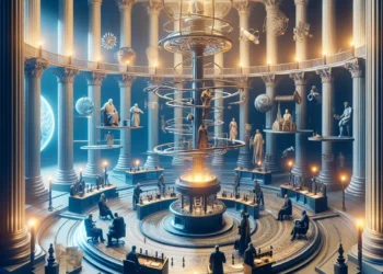 Grand hall of knowledge with classical columns, celestial models, and figures debating philosophical and scientific truths.