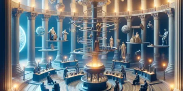 Grand hall of knowledge with classical columns, celestial models, and figures debating philosophical and scientific truths.
