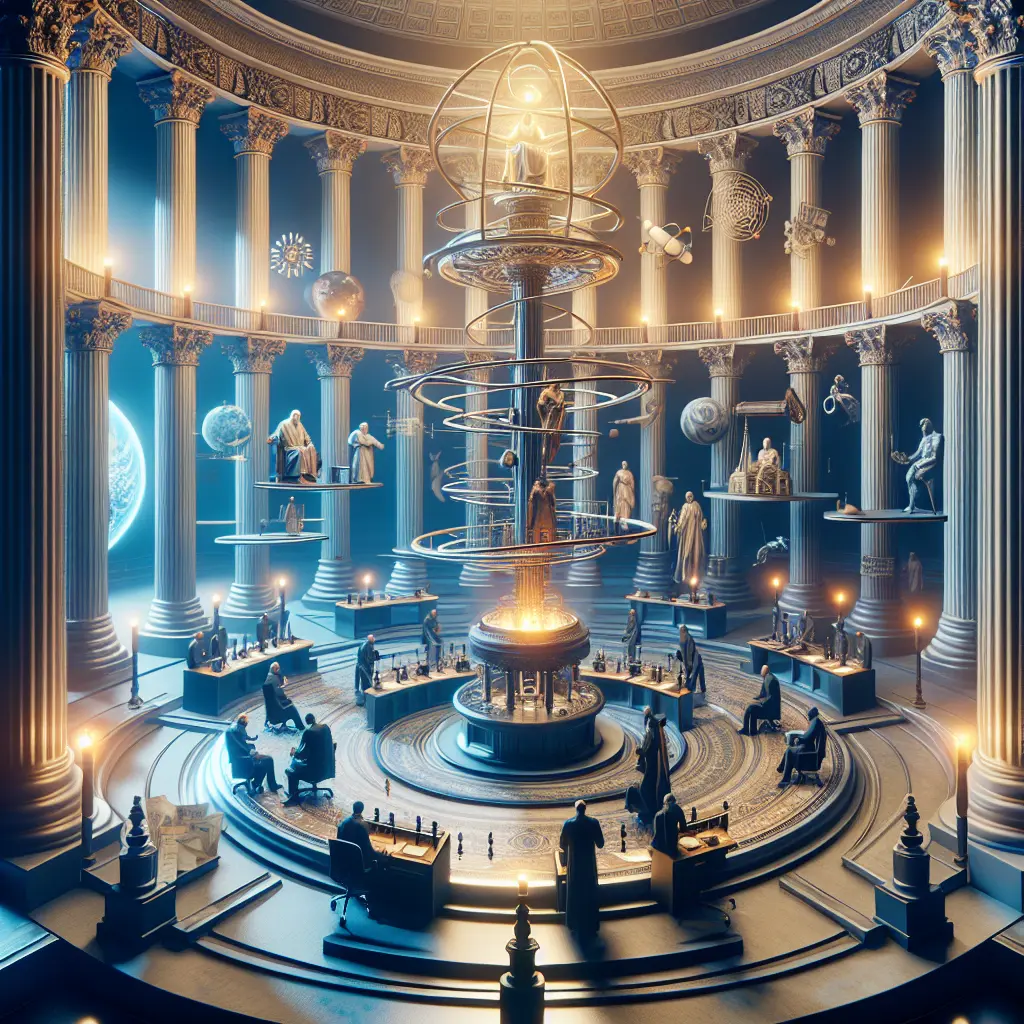 Grand hall of knowledge with classical columns, celestial models, and figures debating philosophical and scientific truths.