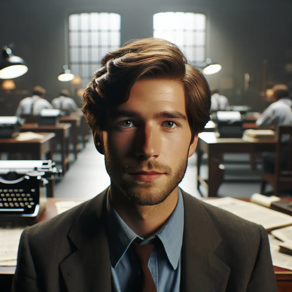 Young Man in Vintage Newsroom
