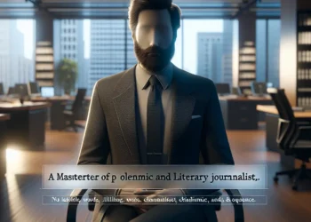 Illustration of a man in a suit, representing a master of polemic and literary journalism, possibly inspired by Christopher Hitchens, in an office.