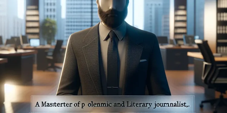 Illustration of a man in a suit, representing a master of polemic and literary journalism, possibly inspired by Christopher Hitchens, in an office.