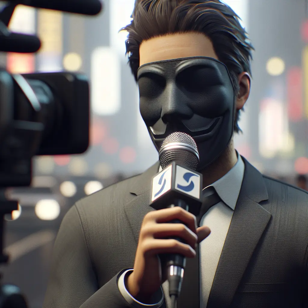 Masked journalist in a suit holding a microphone with a camera, symbolizing anonymous reporting or commentary.