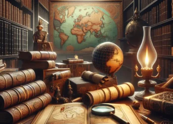 A vintage library study with a desk covered in antique books, an open map, a globe, magnifying glass, and a large world map on the wall, lit by an oil lamp.