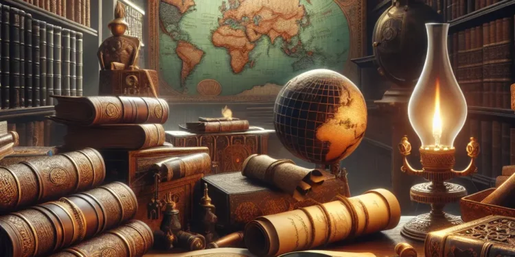 A vintage library study with a desk covered in antique books, an open map, a globe, magnifying glass, and a large world map on the wall, lit by an oil lamp.