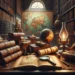 A vintage library study with a desk covered in antique books, an open map, a globe, magnifying glass, and a large world map on the wall, lit by an oil lamp.