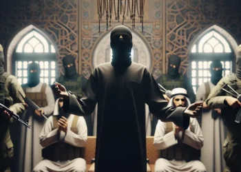 Masked leader addressing armed figures in an ornate hall, depicting religious extremism and totalitarianism