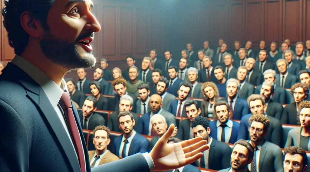 Man with beard and suit speaking passionately to an audience in a lecture hall, resembling Christopher Hitchens discussing political Islam.