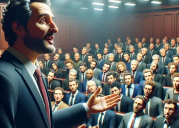 Man with beard and suit speaking passionately to an audience in a lecture hall, resembling Christopher Hitchens discussing political Islam.