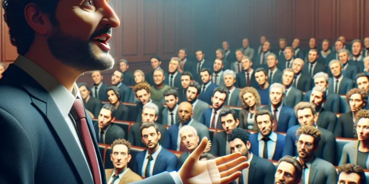 Man with beard and suit speaking passionately to an audience in a lecture hall, resembling Christopher Hitchens discussing political Islam.