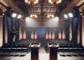 Empty debate stage with two podiums, US flags, audience seating, and studio lighting, awaiting a political or intellectual discussion.