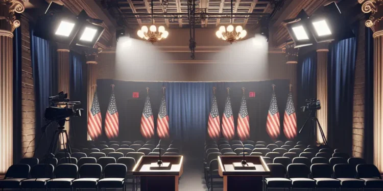 Empty debate stage with two podiums, US flags, audience seating, and studio lighting, awaiting a political or intellectual discussion.