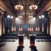 Empty debate stage with two podiums, US flags, audience seating, and studio lighting, awaiting a political or intellectual discussion.