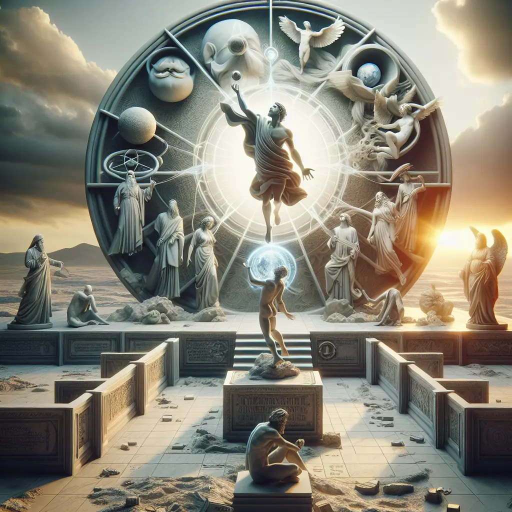 Allegorical sculpture scene representing religion, mythology, and the pursuit of truth with philosophical figures and a cosmic wheel